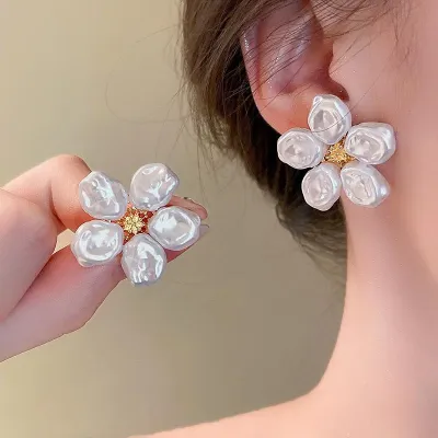 Baroque Bead Petal Flower Stud Earrings 